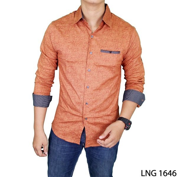 Long Sleeve Slim Fit Casual Man Shirts Katun Coklat – LNG 1646