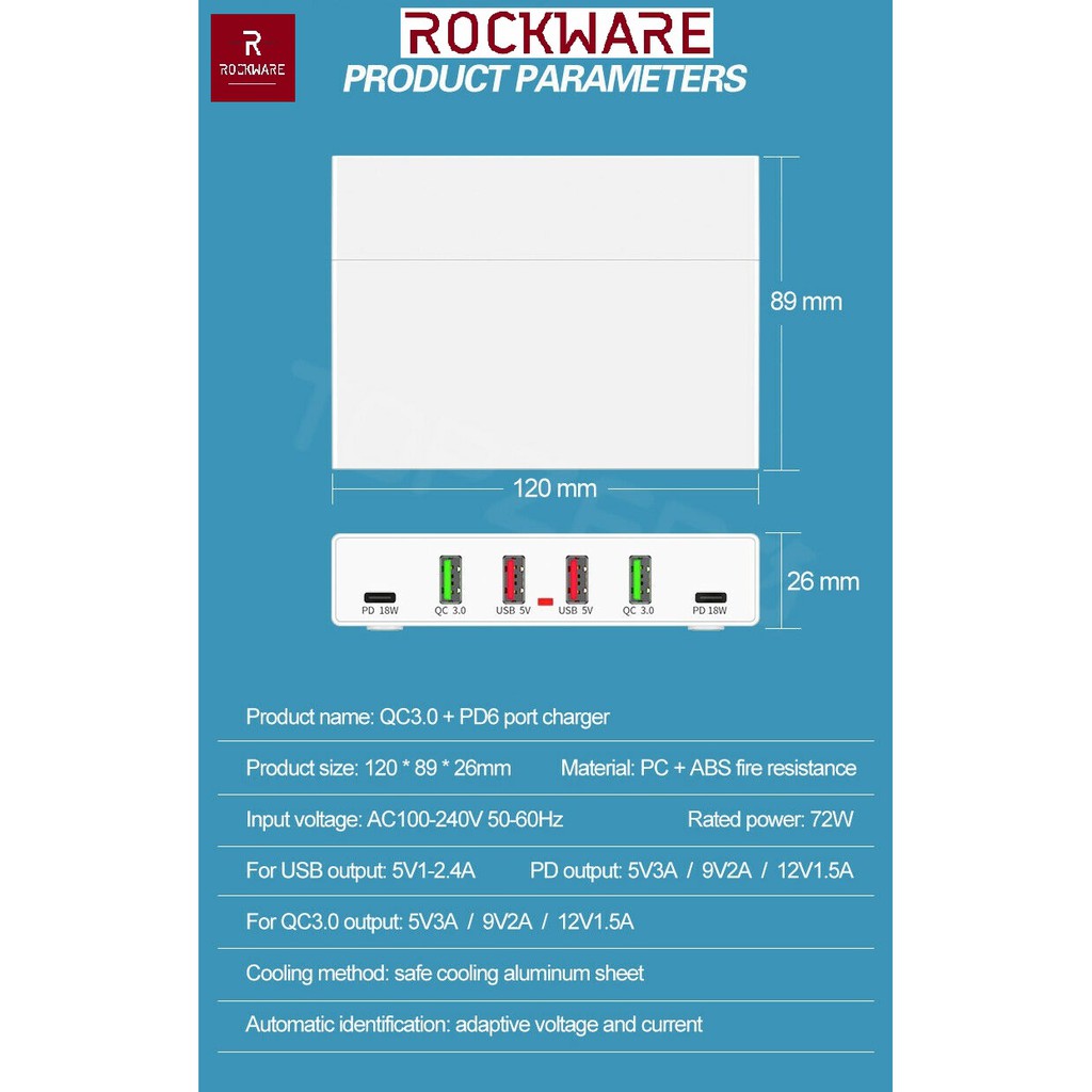 ROCKWARE X5 - 4 USB Port and 2 PD 18W Port Charging Station - 72W - Charger Multiport Up to 6