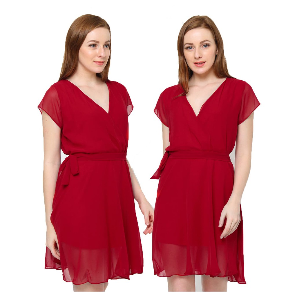 Baju Wanita  Midi Dress Sifon Tangan pendek Gaya Korea Naomi - Merah