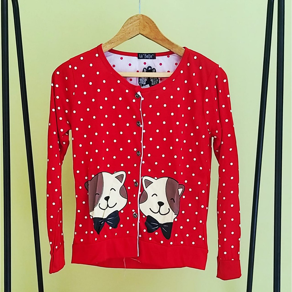 Baju Atasan Sweeter Sweater Lengan Panjang Wanita Cewek Red Cutie Jaket Merah Motif Polkadot Shopee Indonesia