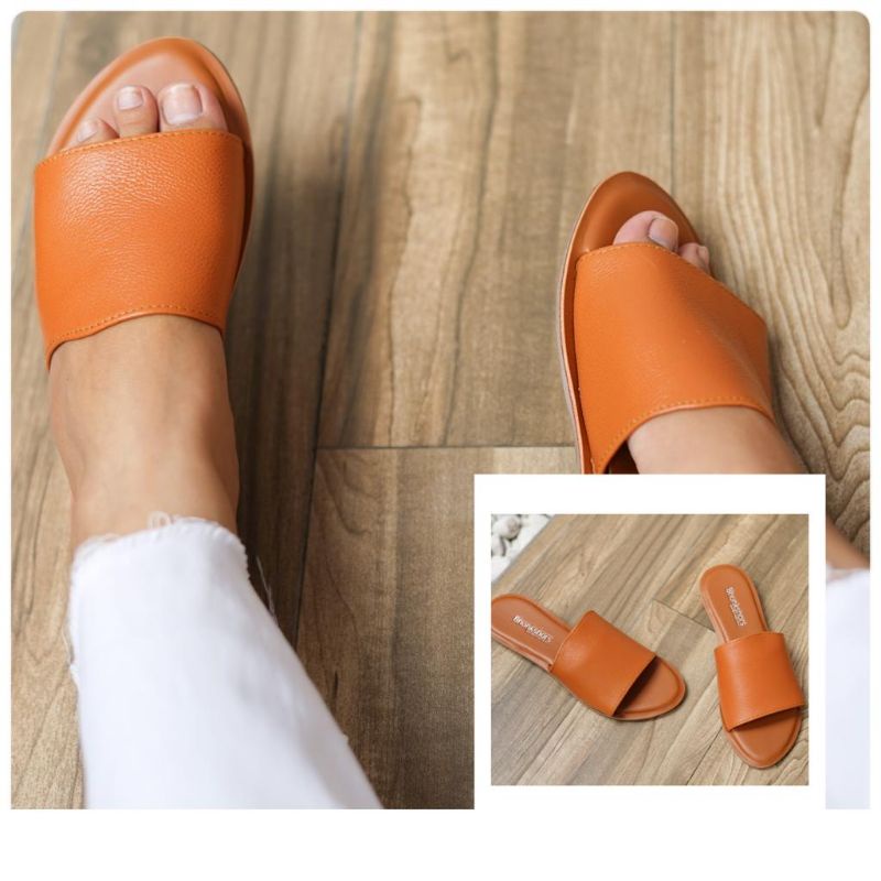 Sandal Slop Teplek Wanita Sendal Kokop Wanita Slop Cewek Kekinian Sandal Kulit Papirut Asli Garut-Tan