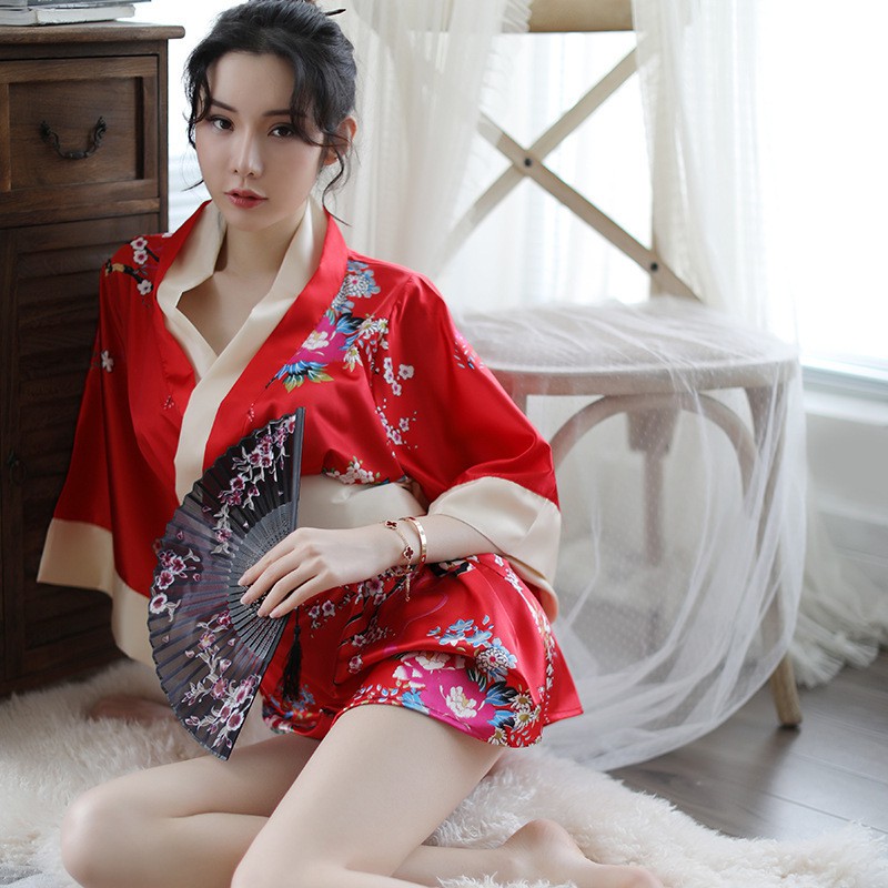 LI-86 mini kimono yukata hitam lingerie baju tidur wanita seksi cosplay