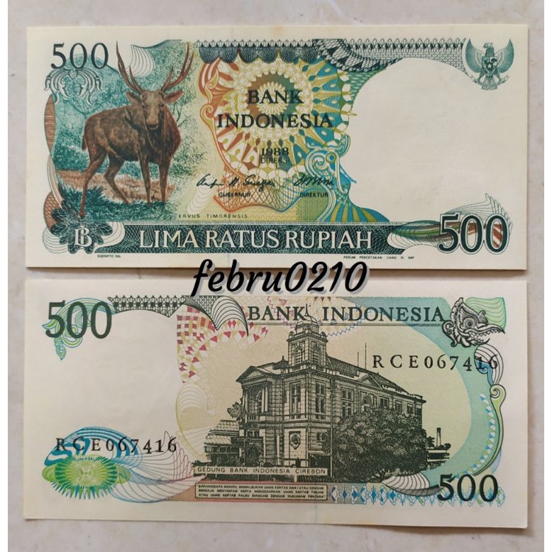 (gress) Uang kertas kuno 500 rupiah rusa kijang tahun 1988