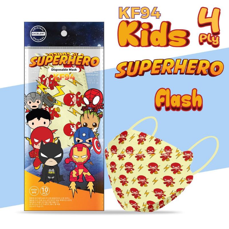 MASKER KF94 ANAK SUPERHERO MOTIF FLASH ISI 10PCS PREMIUM KIDS MASK 3-10 TAHUN