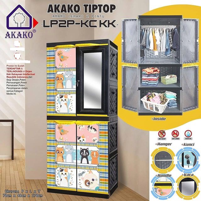 LEMARI PAKAIAN PLASTIK 2 PINTU LP2P AKAKO ELEGANT MOTIF KUCING DENGAN KACA GANTUNG DAN PENGUNCIAN