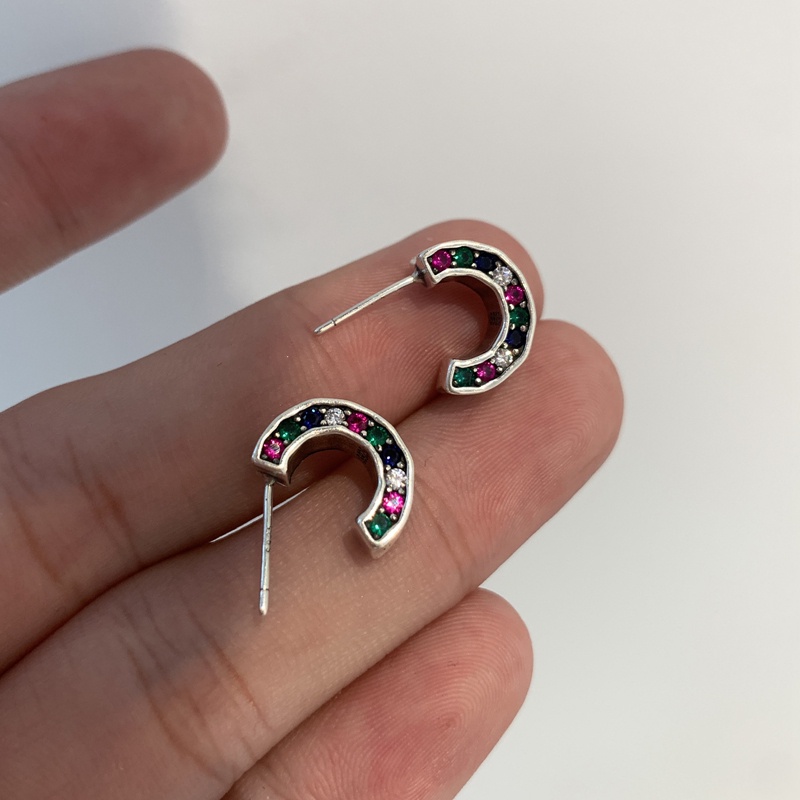 Anting Tusuk Bentuk C Hias Zircon Warna Pelangi Gaya Trendyretrothailand Untuk Wanita
