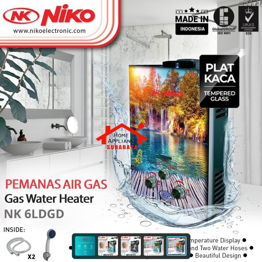 Water Heater - Pemanas Air Gas NIKO Body Kaca / Tempered Glass + Temperature LED Display Kapasitas 6 Liter NK 6 LDG A / B / C / D