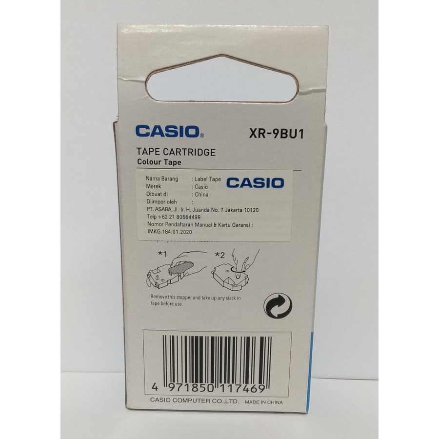 Casio ez-label printer tape cartridge 9mm tipe xr-9bu1 warna biru