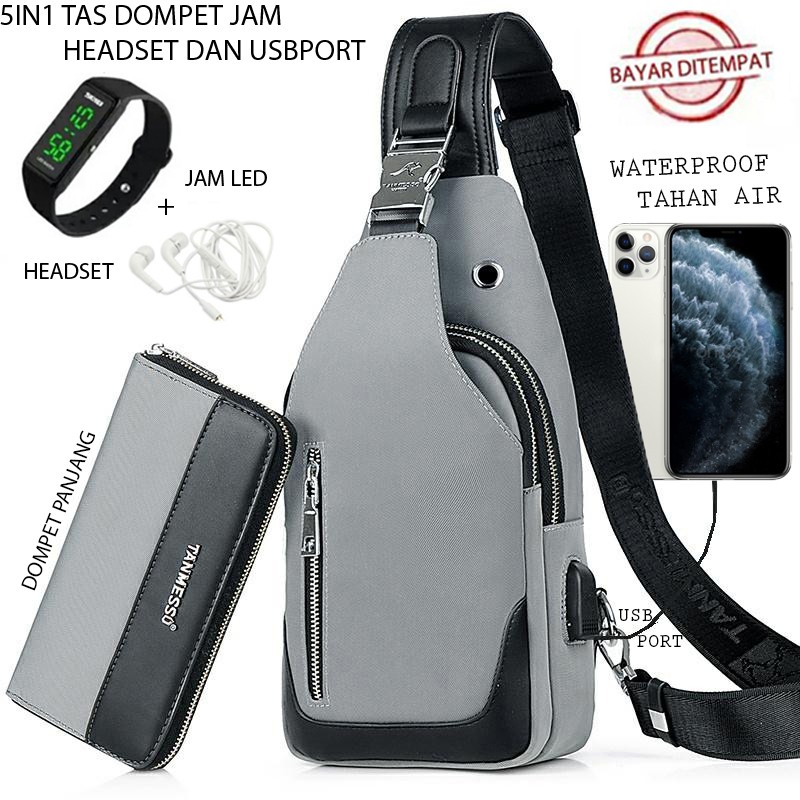 TANMESSO 5IN1 BAYAR DITEMPAT-BONUS JAM LED,DOMPET &amp; USBPORT&amp;HEADSET  TAS SELEMPANG PRIA