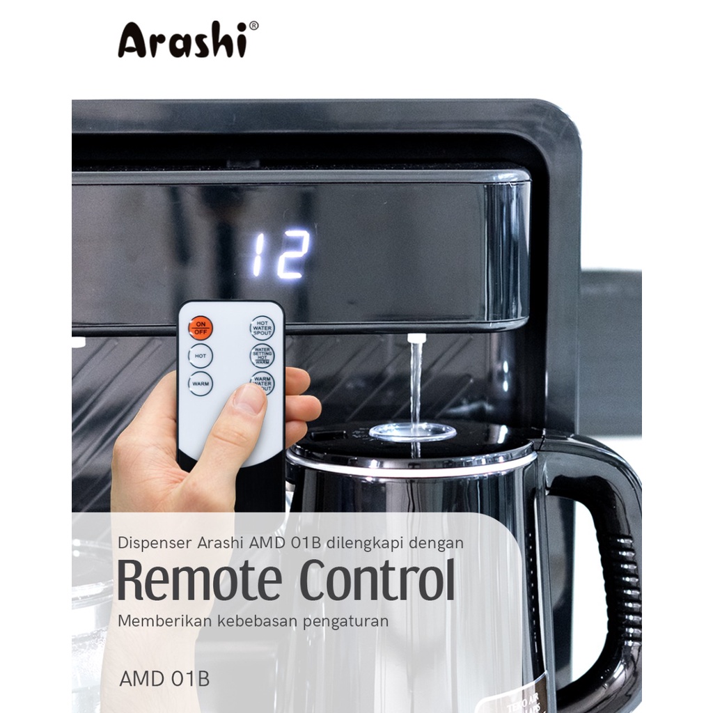 ARASHI Water Dispenser Multifungsi AMD 01B Hot &amp; Normal / Panas &amp; Normal Air Galon Bawah + Remote, Ceret Elektrik &amp; Jar