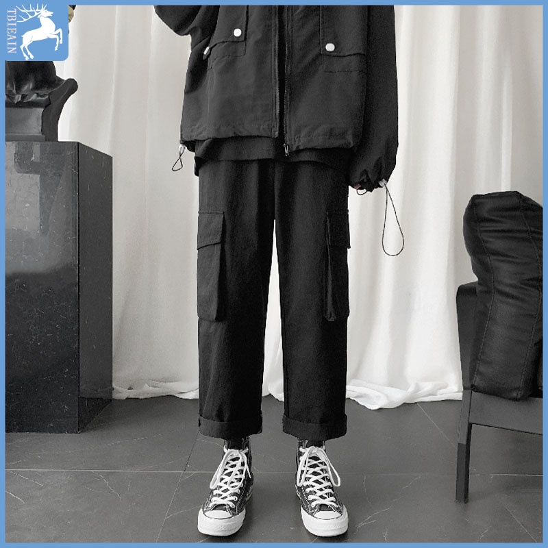 Celana cargo panjang pria Cargo pants pria Celana cargo hitam Celana gombrang pria korean style loose pants pria