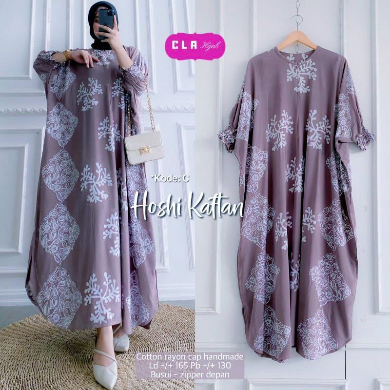 Gamis Rayon Kaftan Wanita Jumbo Cap Encim Motif Hoshi Kaftan Warna Soft Busui Resleting Rayon Tebal / Gamis Arab Kaftan