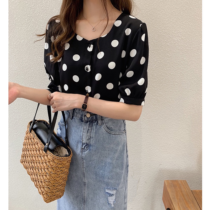 #Sisjuly# Wanita musim panas baru retro gaya barat polka dot kemeja sifon atasan lengan pendek wanit