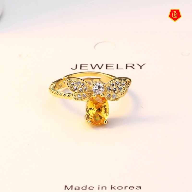 [Ready Stock]Colored Gems Citrine Little Bee Gold Ring