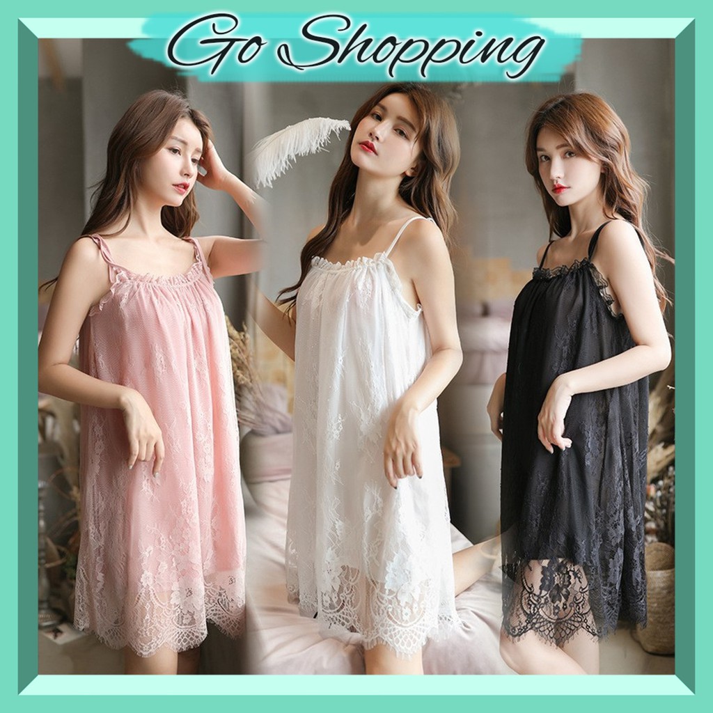 GO! BT372 Baju Tidur Daster Piyama Wanita Korea Sexy Mini Dress Women Brukat Brokat Nightdress