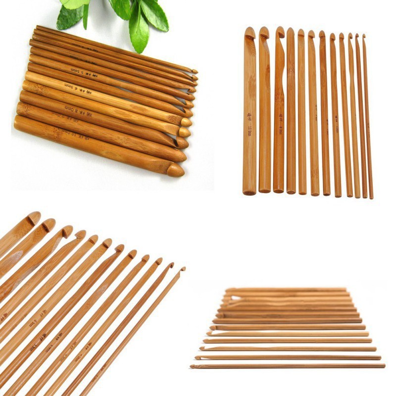 Set hakpen bamboo 12pc alat rajut jarum rajut crochet knitting import berkualitas