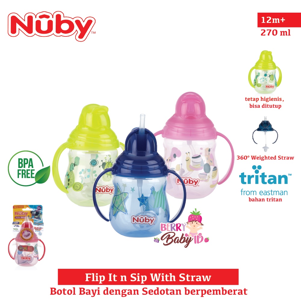 Nuby Flip It n Sip Straw Botol Training Cup Sedotan Bayi Anti Tumpah Botol Sedotan Bayi Anak BPA Free Berry Mart