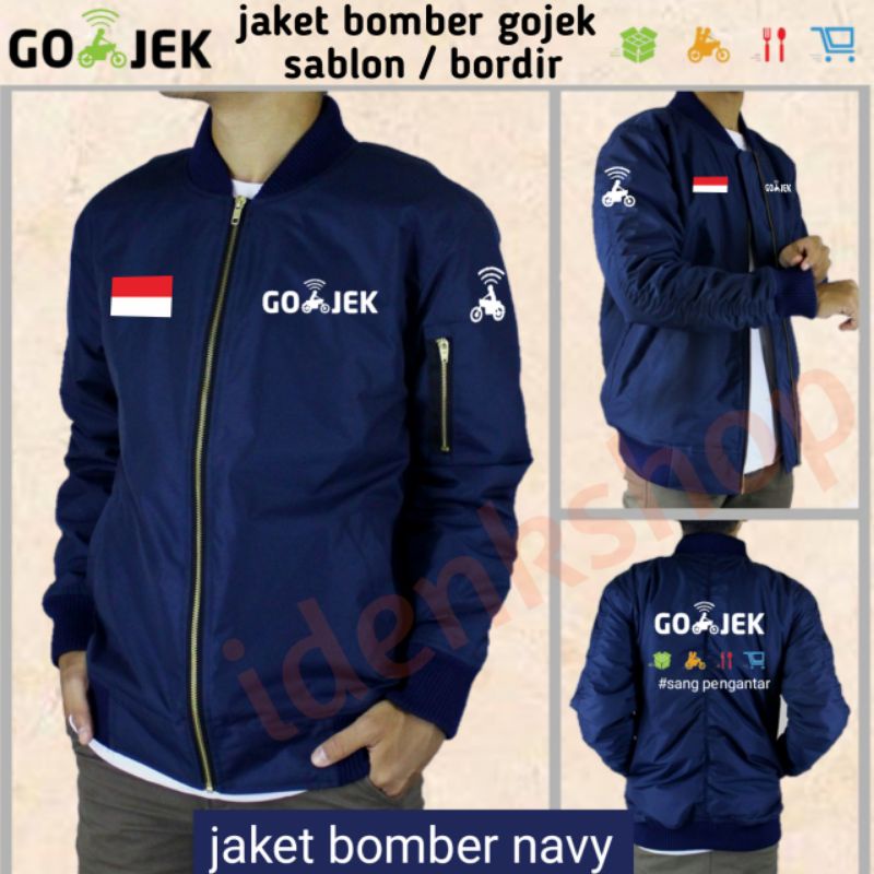 jaket bomber gojek logo lama navy blue dobel logo lengan kiri kanan sablon atau bordir bahan parasut