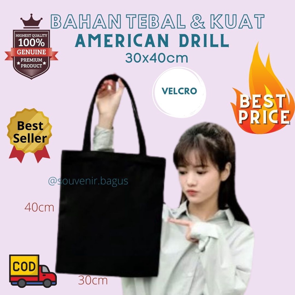 Totebag Tas Bahu ToteBag Polos bahan Drill Premium Velcro Perekat Tali Kain 30 x 40 cm