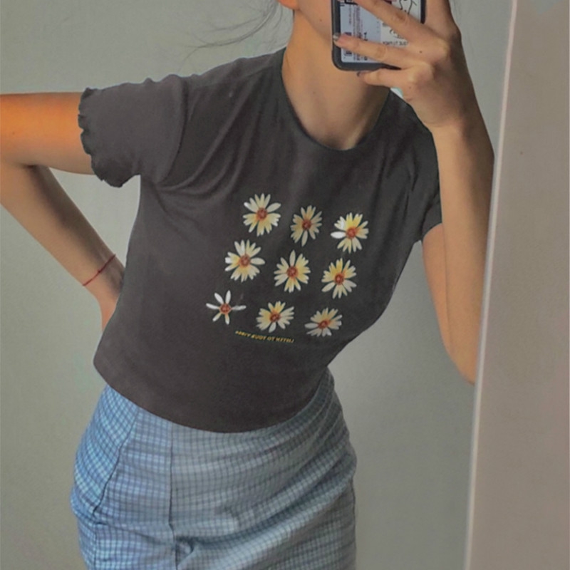 yikoo-Print crop top kaos wanita t-shirt lengan pendek atasan baju wanita