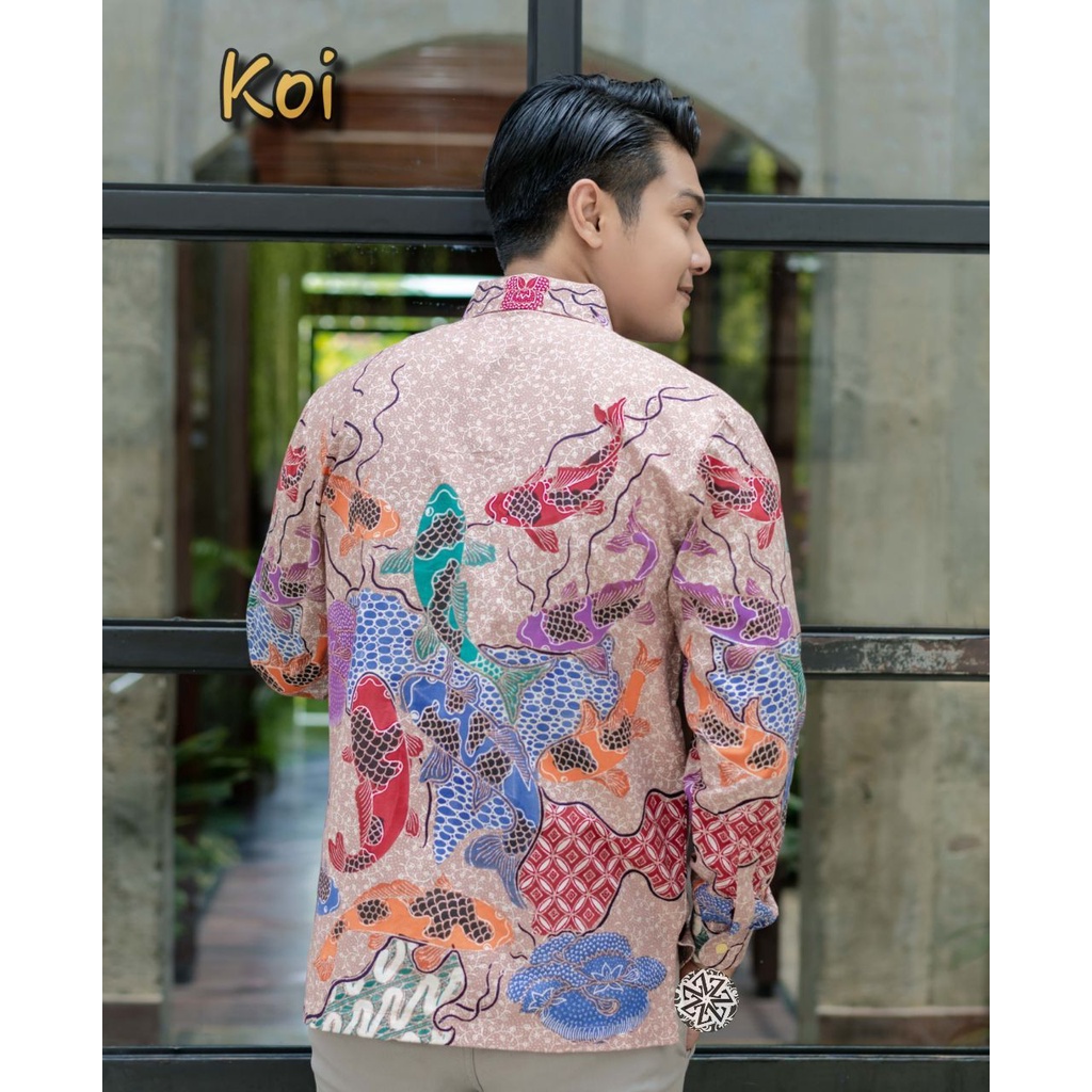 Kemeja Batik Tulis Pria Berlapis Furing Trikot Lengan Panjang Handmade motif ikan koi