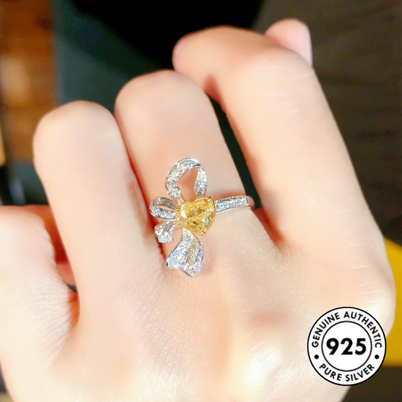 Cincin S925 Silver Bentuk Hati Aksen Berlian Warna Kuning