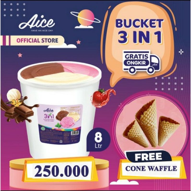 es krim Aice ember 8 liter bucker 3in1 3 rasa ice cream bonus cone
