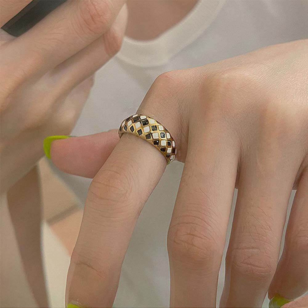 Needway  Women Girls Checkerboard Grid Rings Romantic Open Rings Metal Rings Dripping Oil Gold Color Black White Grid Geometric Adjustable Vintage Korean Style