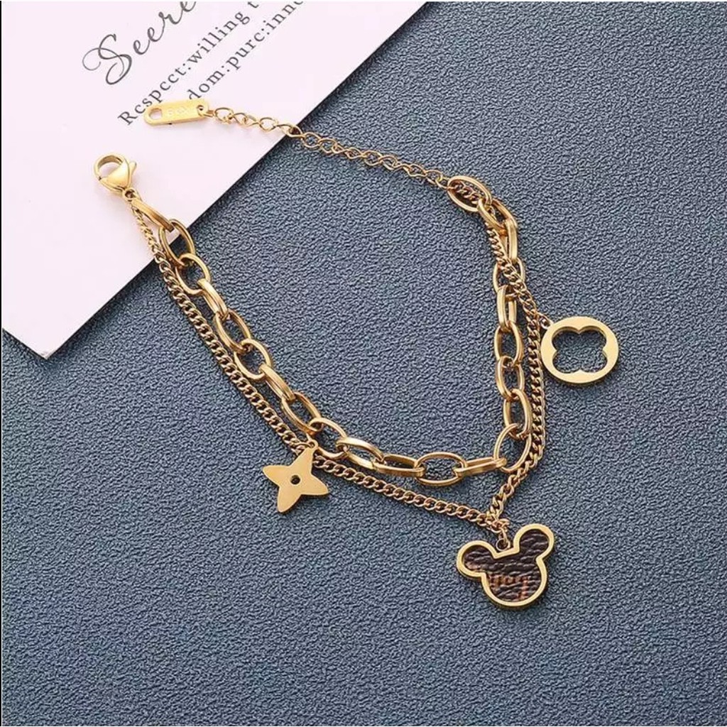 Gelang Titanium Rantai 2 Leyer Mickey L* Kulit Sintetis Warna Rose Gold, Gold dan Silver