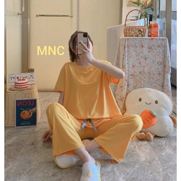 Piyama Baju Tidur Import Sleepwear Lengan Pendek Celana Panjang Motif Stelan Rumah Oversize Premium-CPP-Kuning
