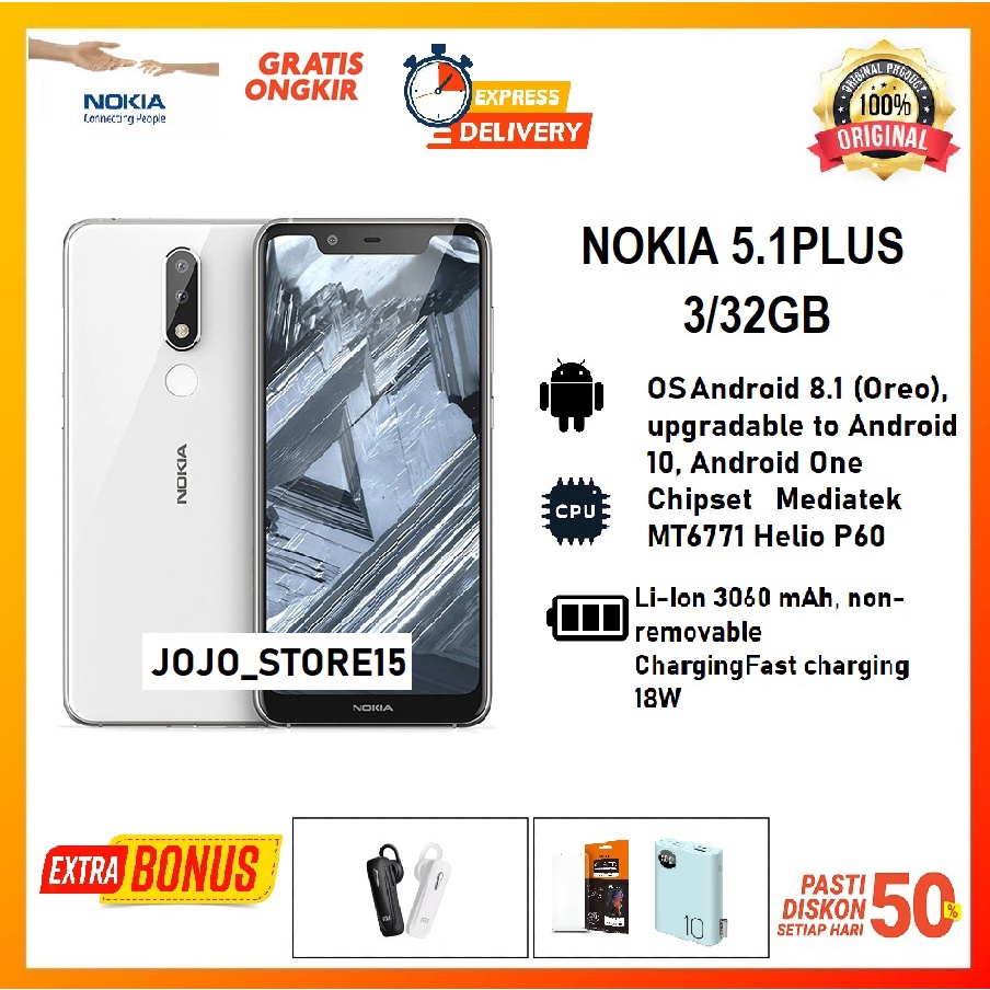 TERBARU NOKIA 5.1 PLUS 3/32GB Android 8.1 (Oreo), upgradable to Android 10, Android One Chipset	Medi