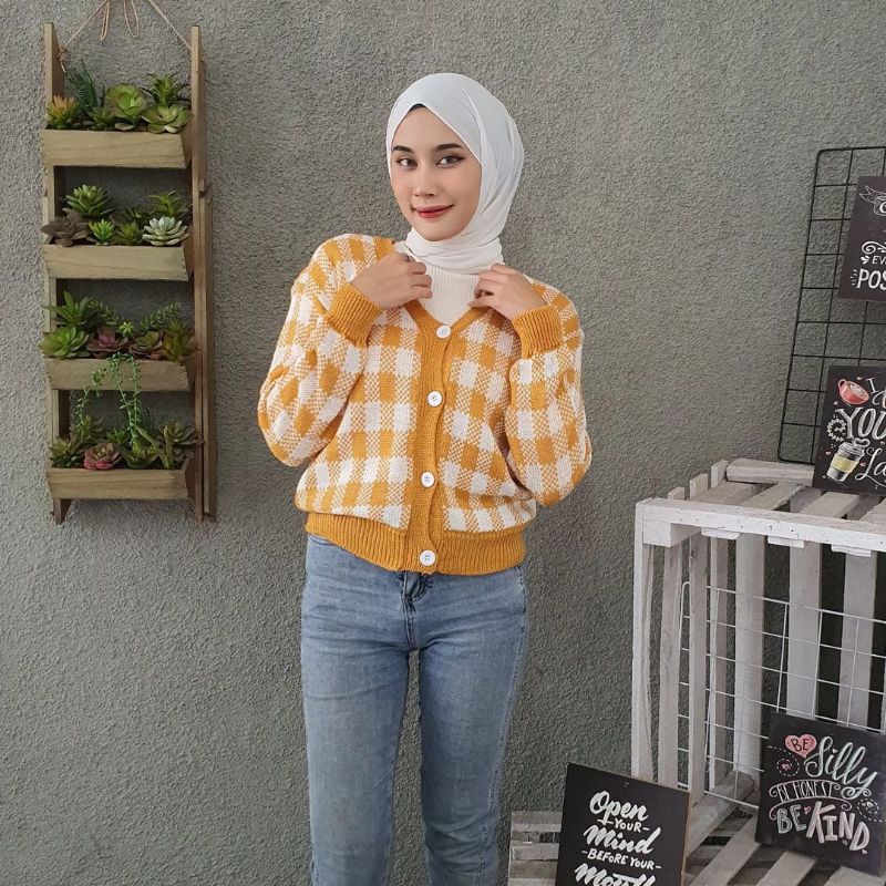 Vallina Plaid Knit Cardigan | Outer Rajut Kotak Kardigan Muslim Wanita Korean Style/BEST SELLER CARDIGAN KOTAK/RAJUT CATUR/CARDI KEKINIAN/KOTAK CARDIE RAJUT Outerwear Cardigan Rajut Helen Premium OOTD Remaja/AZARA SQUARE CARDI / Korean square cardy/ Outer