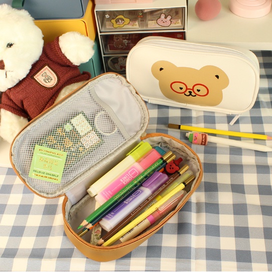 Tempat Pensil BERUANG BERKACAMATA Ukuran JUMBO / Tempat Alat Tulis Besar Motif TEDDY BEAR Beruang Pakai Kacamata Lucu / Tepak Pensil Kartun Beruang Lucu / Wadah Serbaguna Gambar Beruang