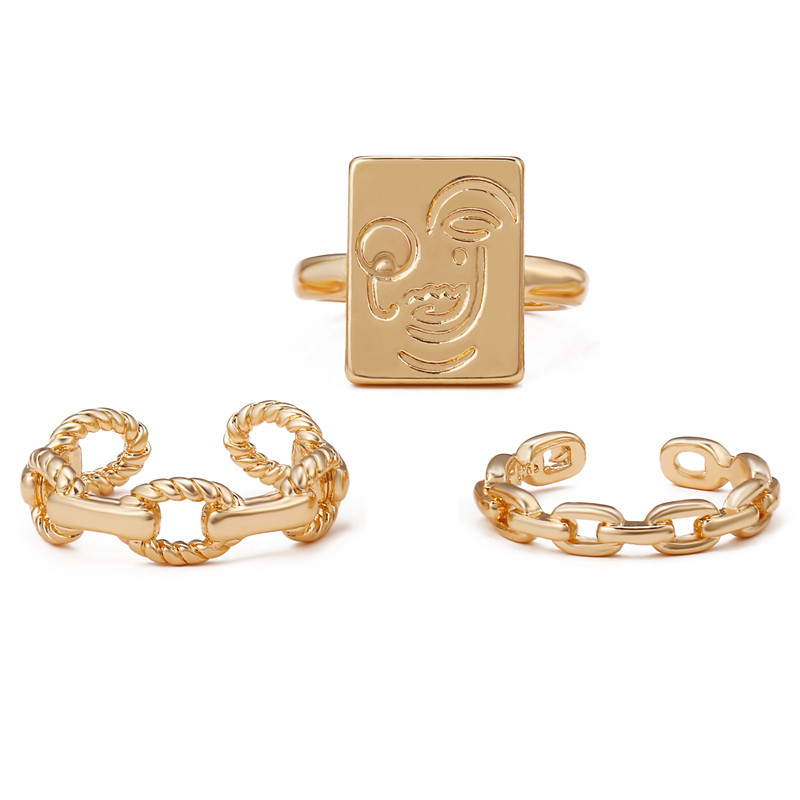 YEEZII Gold Face Smile Face Twist Woven Ring Set Opening Adjustable Personality Fashion Simple Rings Jewelry Accessories