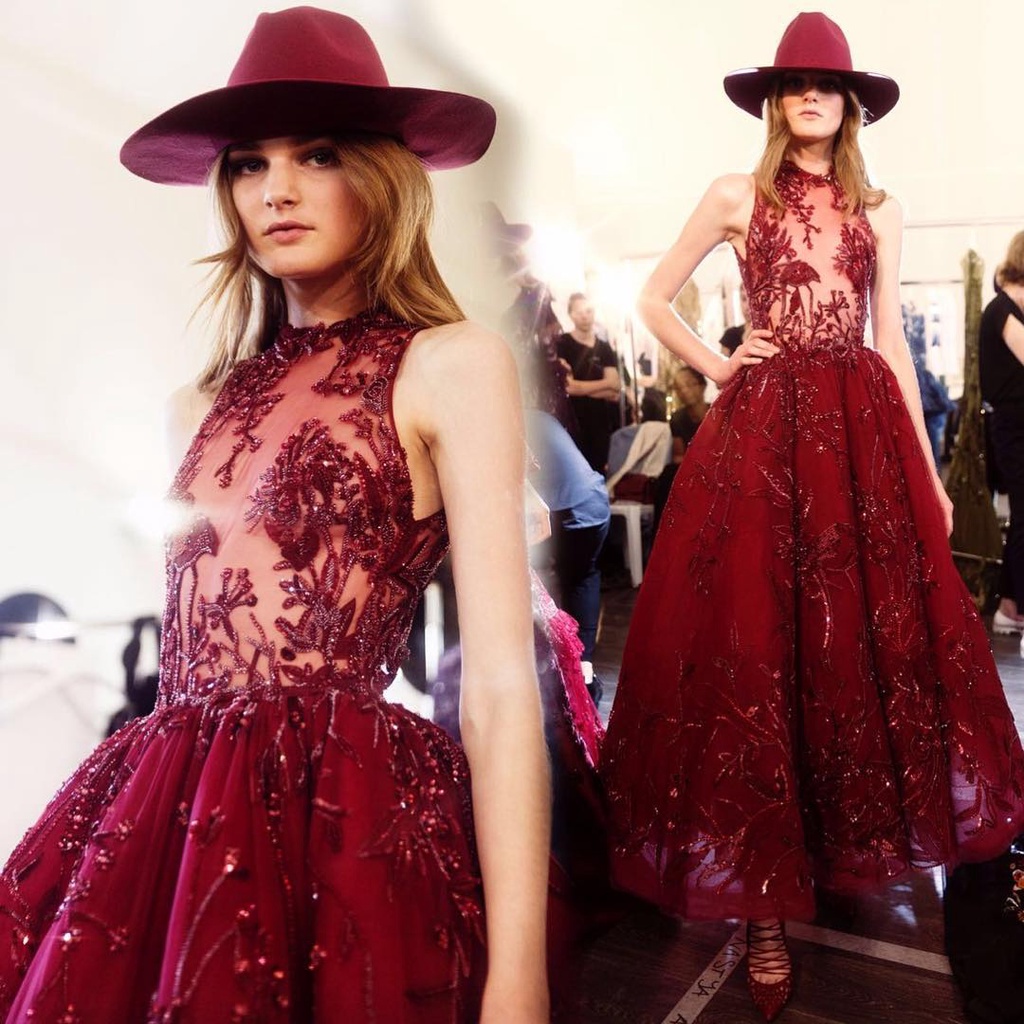 SOLANI  Kustom Zuhair Murad Burgundy Wanita Pesta Ulang Tahun Bernyanyi Mid-Length Mini Dress Bridal
