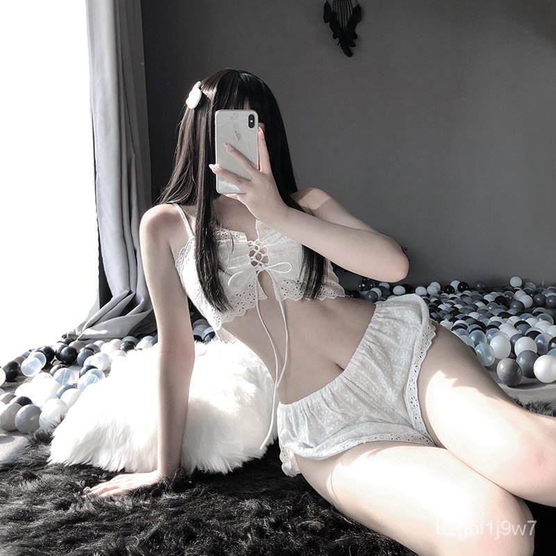 French Maid Open Chest Pajamas Set with Comfortable Lace Split Pants Strap Loose Top Sexy Lingerie S