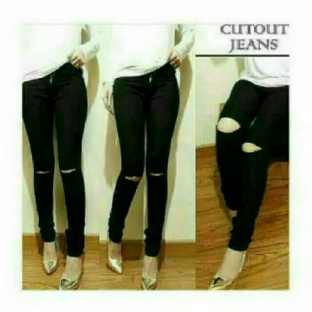 Celana jeans sobek lutut wanita ripped jeans hitam