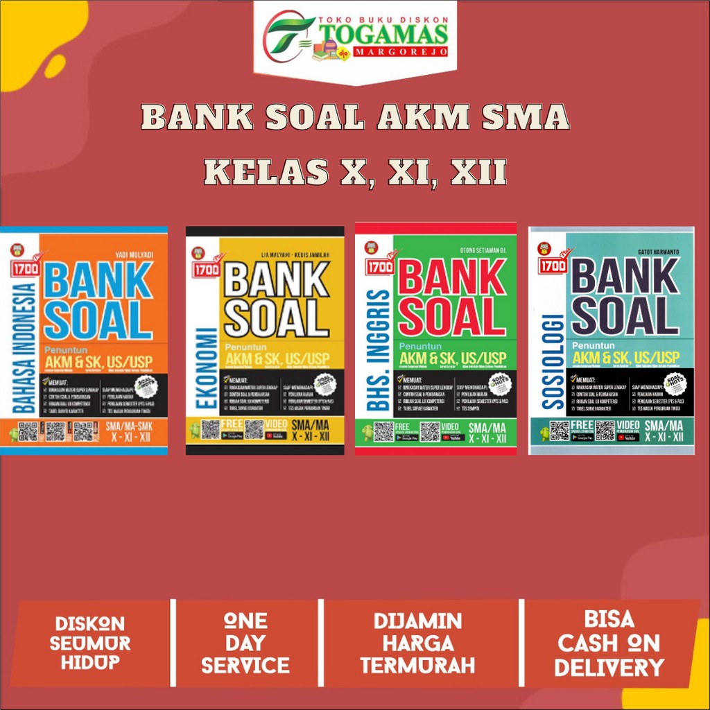 BUKU 1700 PLUS BANK SOAL PENUNTUN AKM BAHASA INDONESIA / INGGRIS / EKONOMI / SOSIOLOGI SMA X XI XII