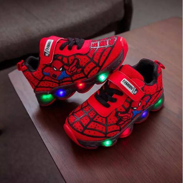 Qeede_Store SEPATU ANAK LAKI-LAKI SNEAKER SPIDER LABA-LABA LAMPU LED SIZE 21-36 USIA 1-9 TAHUN