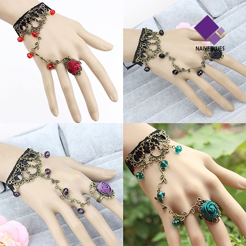 Naiveblue &gt; Gelang Tangan Sambung Cincin Gaya Retro Gothic Motif Bunga Aksen Lace + Rantai Untuk Wanita