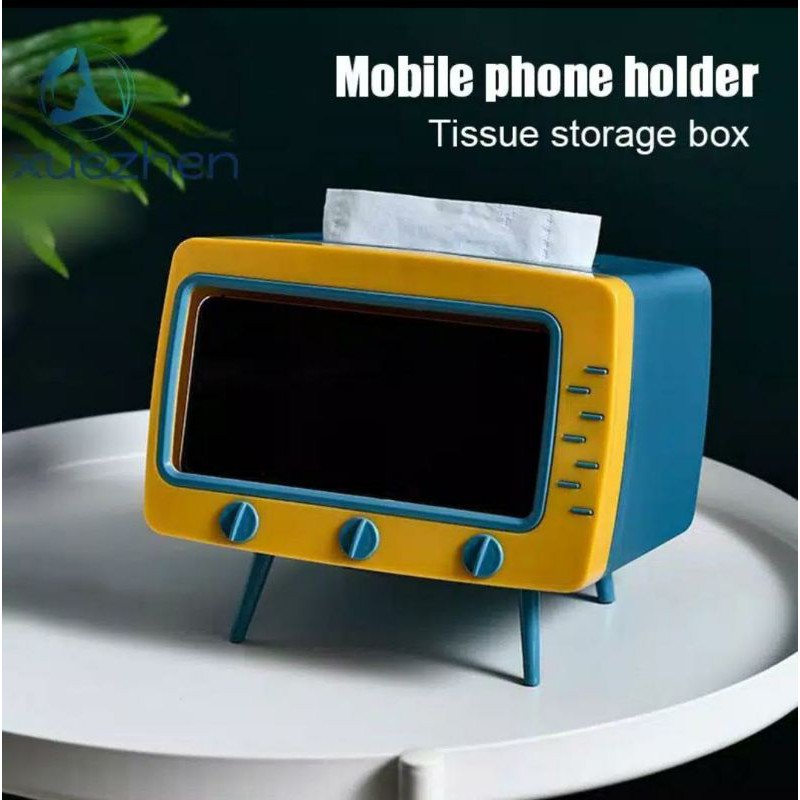 Tempat Tisu + STAND HOLDER HP / Kotak Tempat Tissue Hp Model TV - Desktop TV Tissue Smartphone