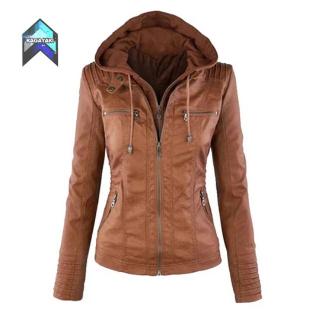 Jaket kulit sintetis wanita / jaket semi kulit hoodie / jaket murah /  fashion wanita-5