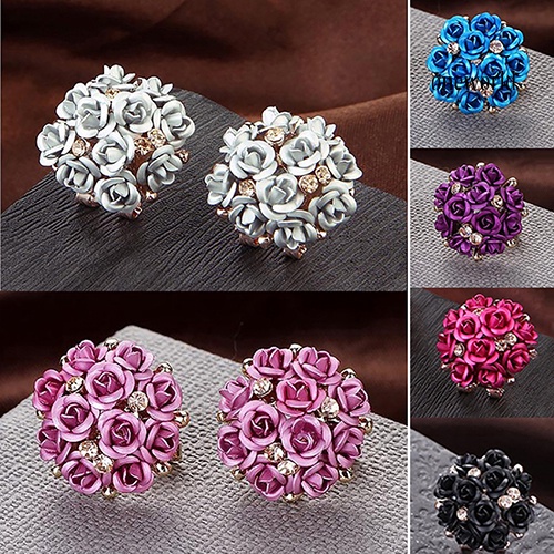 OW@ Women Fashion Elegant Inlaid Rhinestone Blooming Rose Flower Ear Studs Earrings