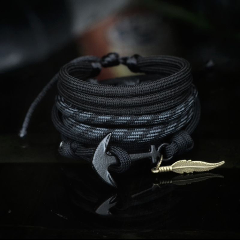 Gelang Pria Keren Hitam Polos Tali Paracord Paket Set Gantungan Sayap Premium