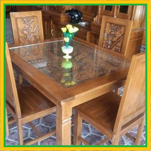 Meja makan kayu jati minimalis Murah kursi 4 + kaca