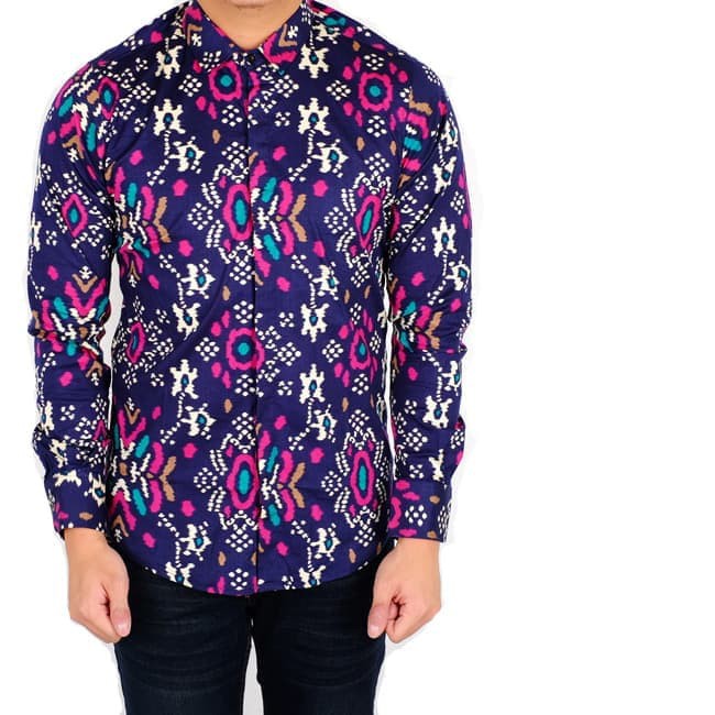 Kemeja Batik Songket Pria Cowo Kerja Kantor Biru TuaDongker - Navy, M