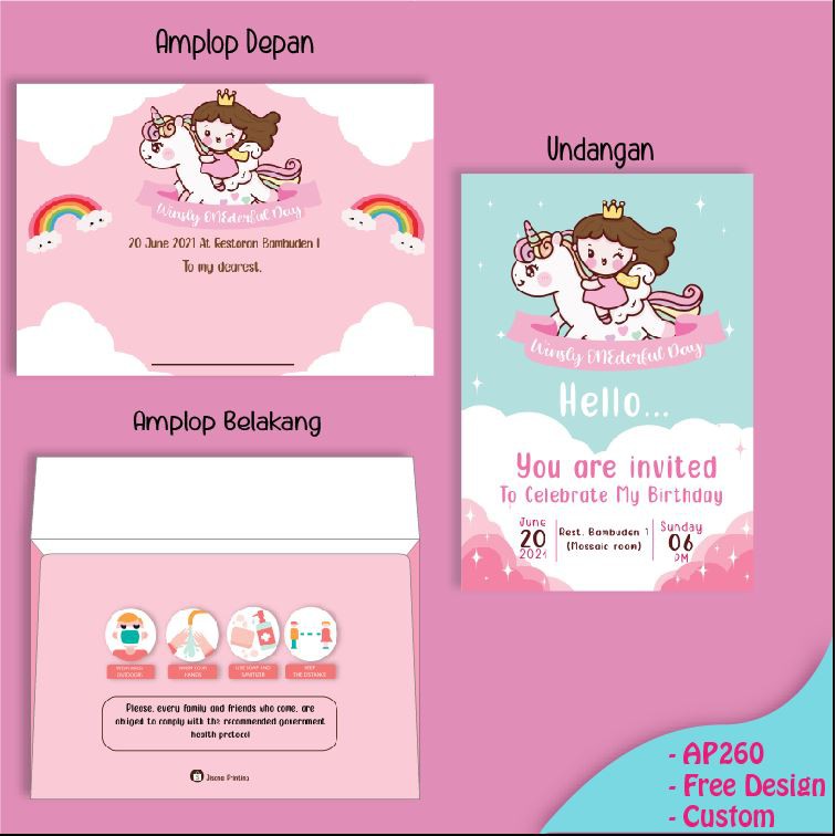 Undangan Ultah Anak Elegan (Amplop+Undangan) - Custom