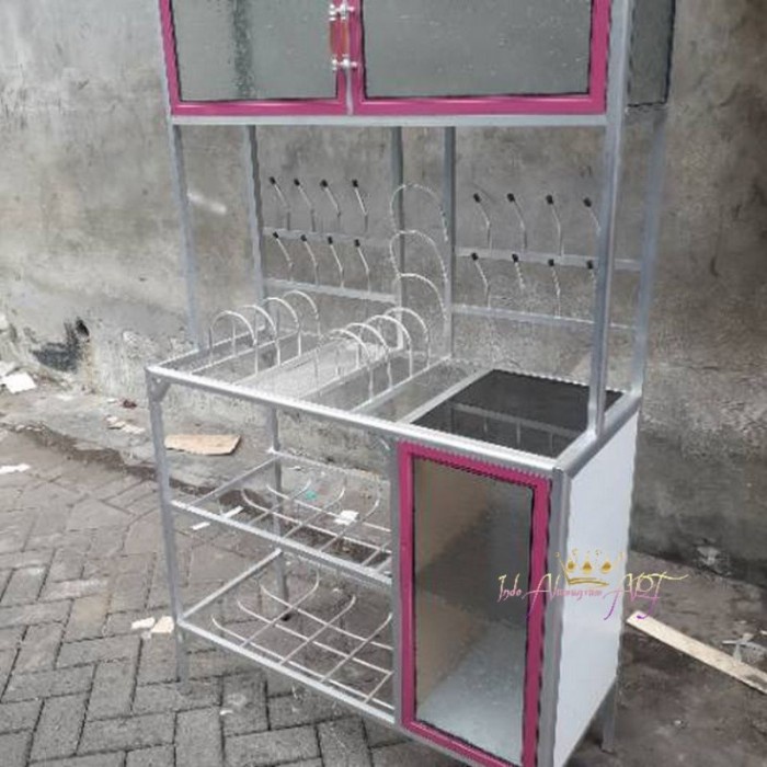 Lemari Dapur Rak Piring Pintu 3 Alumunium Kaca
