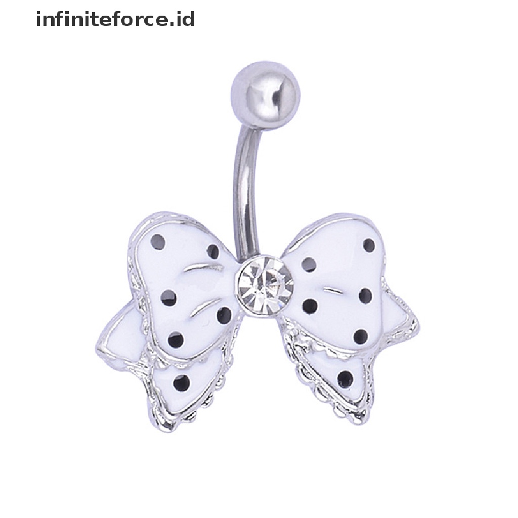 Infiniteforce.id Cincin Tindik Pusar Wanita Desain Pita Hias Kristal Hitam Putih