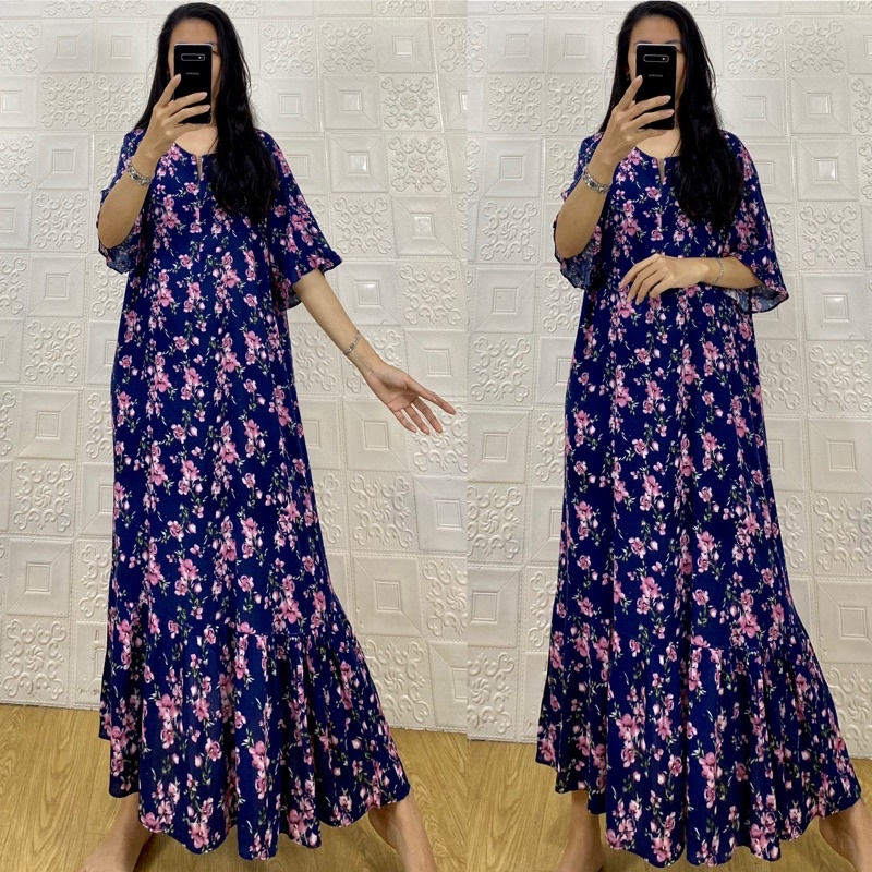 daster MONA tangan 3/4 PB 130cm /daster panjang rempel tangan 3/4  JUMBO premium sleting /busui/rempel tangan 3/4/ tangan pendek/ tali grosir ecer SEMATA KAKI RAYON-Mona flower navy